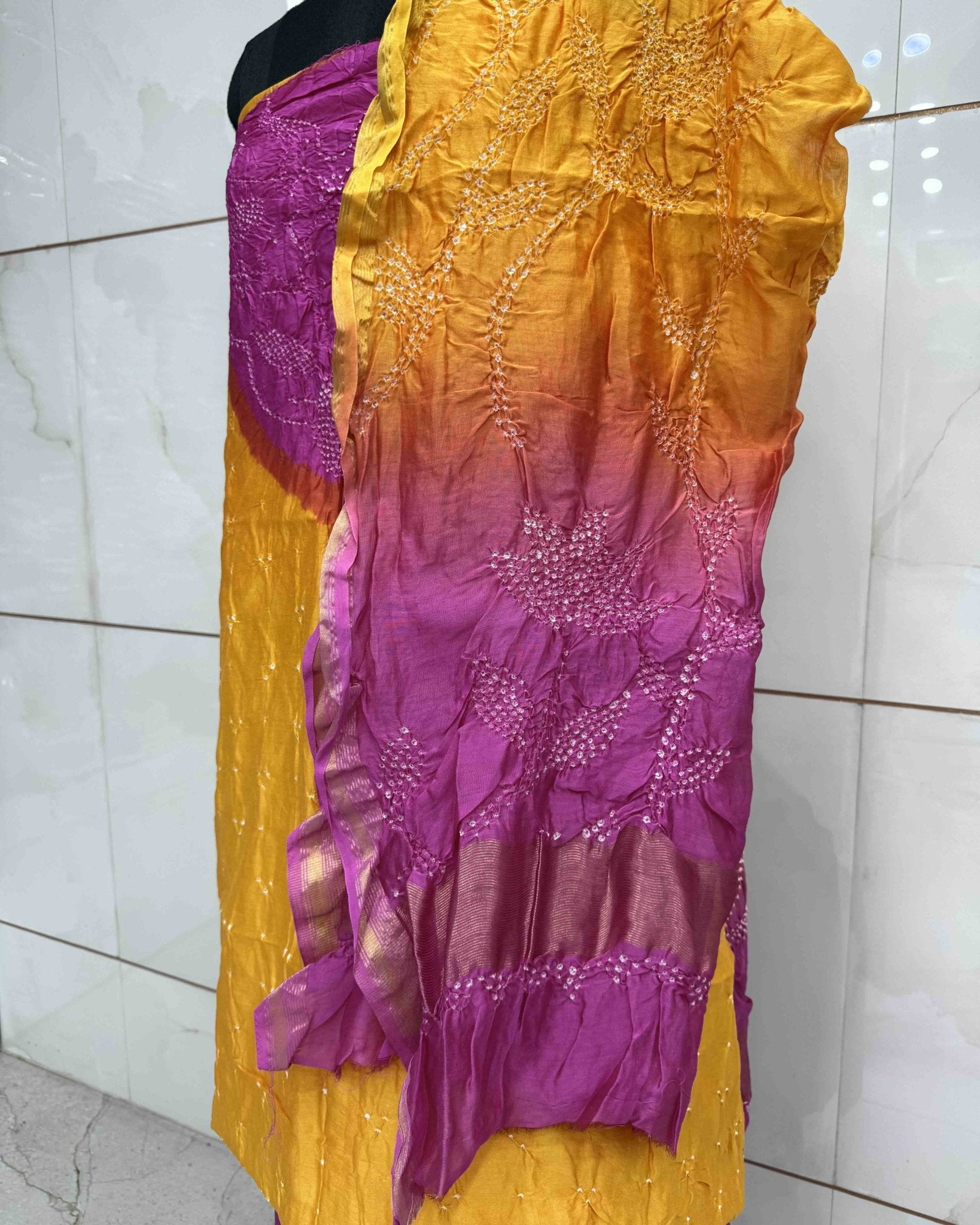 Yellow & Pink Shaded Chanderi Silk Bandhani Dress Material - SindhoiPatolaArt
