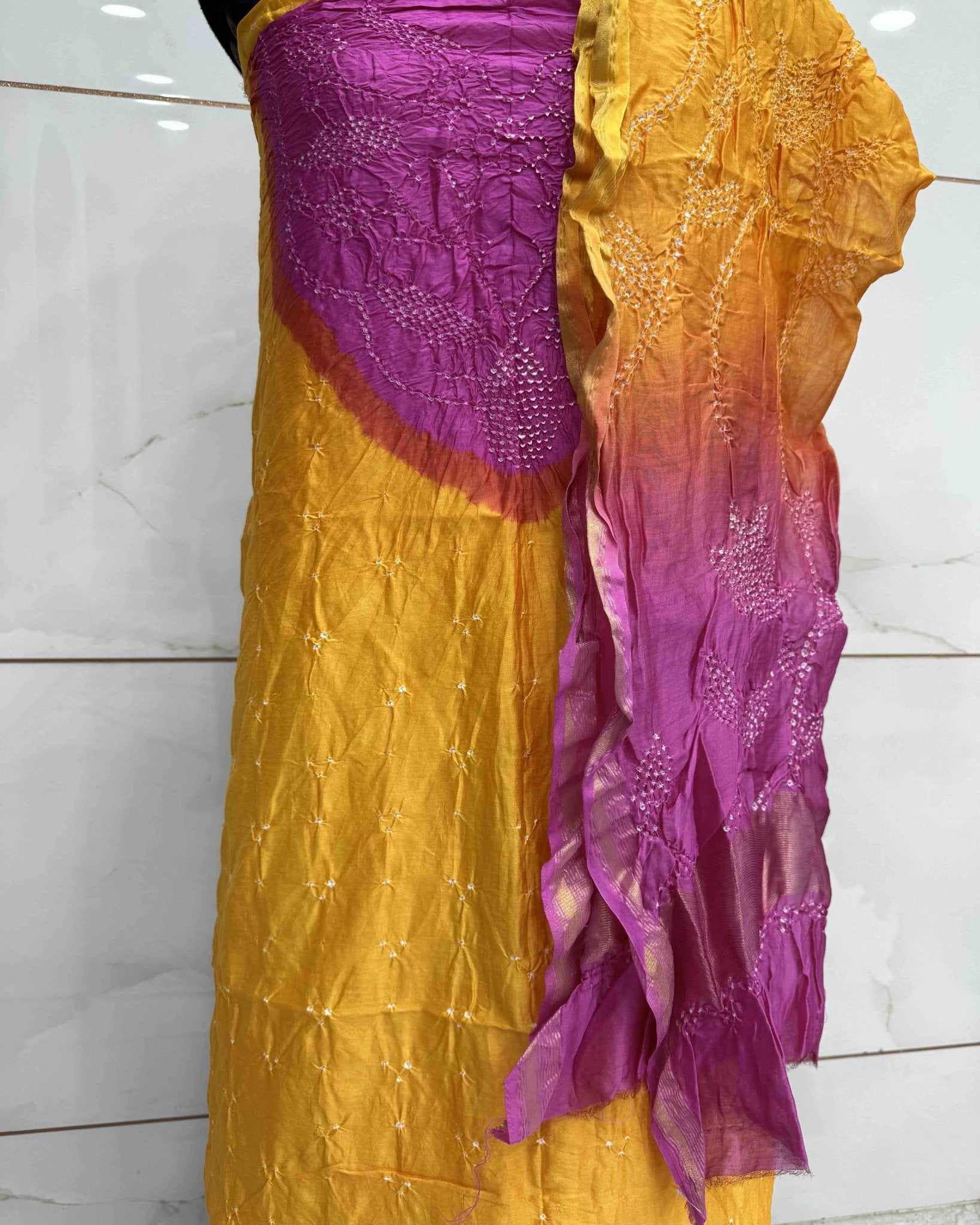 Yellow & Pink Shaded Chanderi Silk Bandhani Dress Material - SindhoiPatolaArt