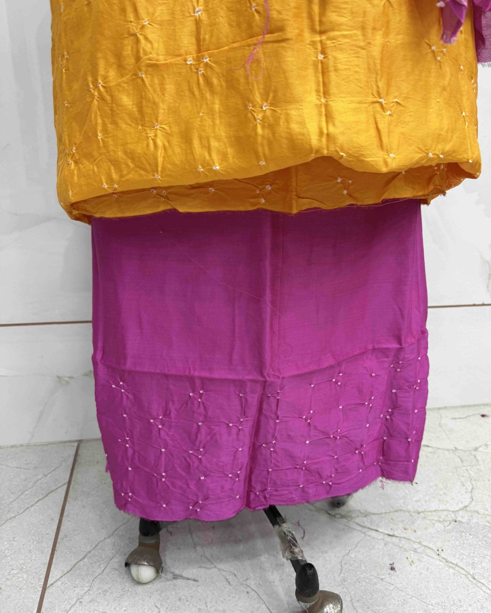 Yellow & Pink Shaded Chanderi Silk Bandhani Dress Material - SindhoiPatolaArt