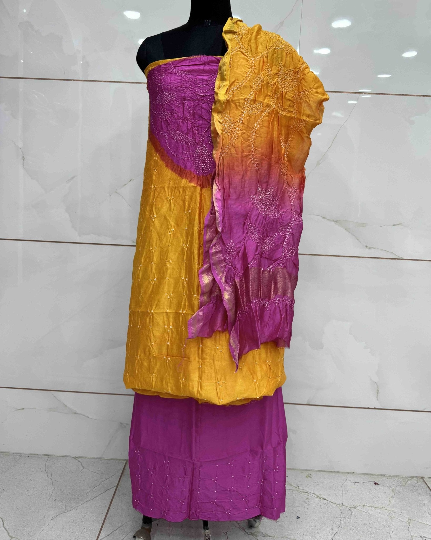 Yellow & Pink Shaded Chanderi Silk Bandhani Dress Material - SindhoiPatolaArt
