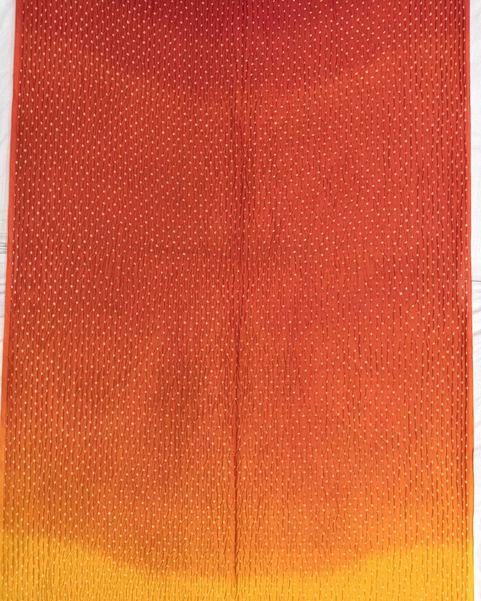 Yellow & Red Shaded Munga Silk Bandhani Saree - SindhoiPatolaArt