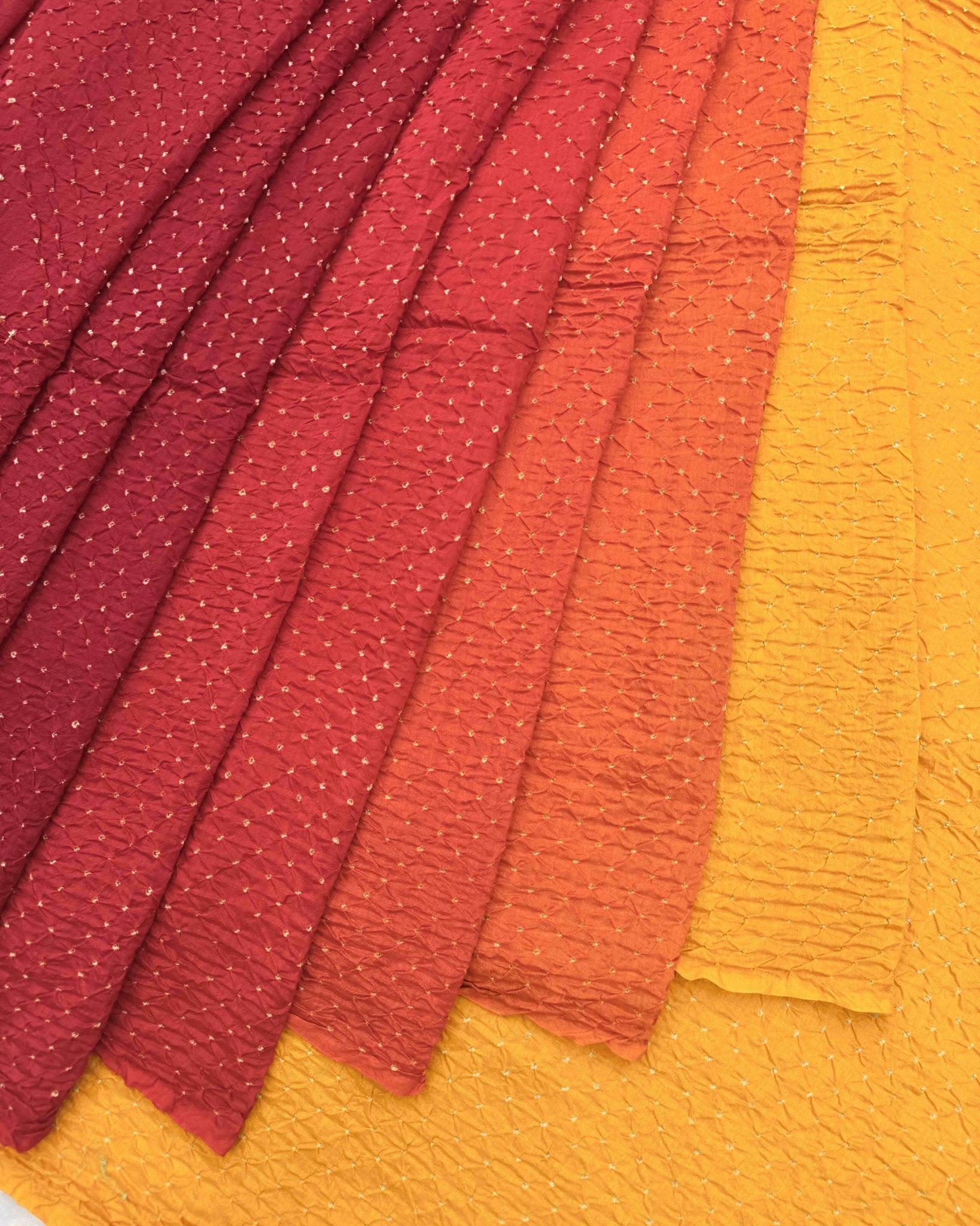 Yellow & Red Shaded Munga Silk Bandhani Saree - SindhoiPatolaArt