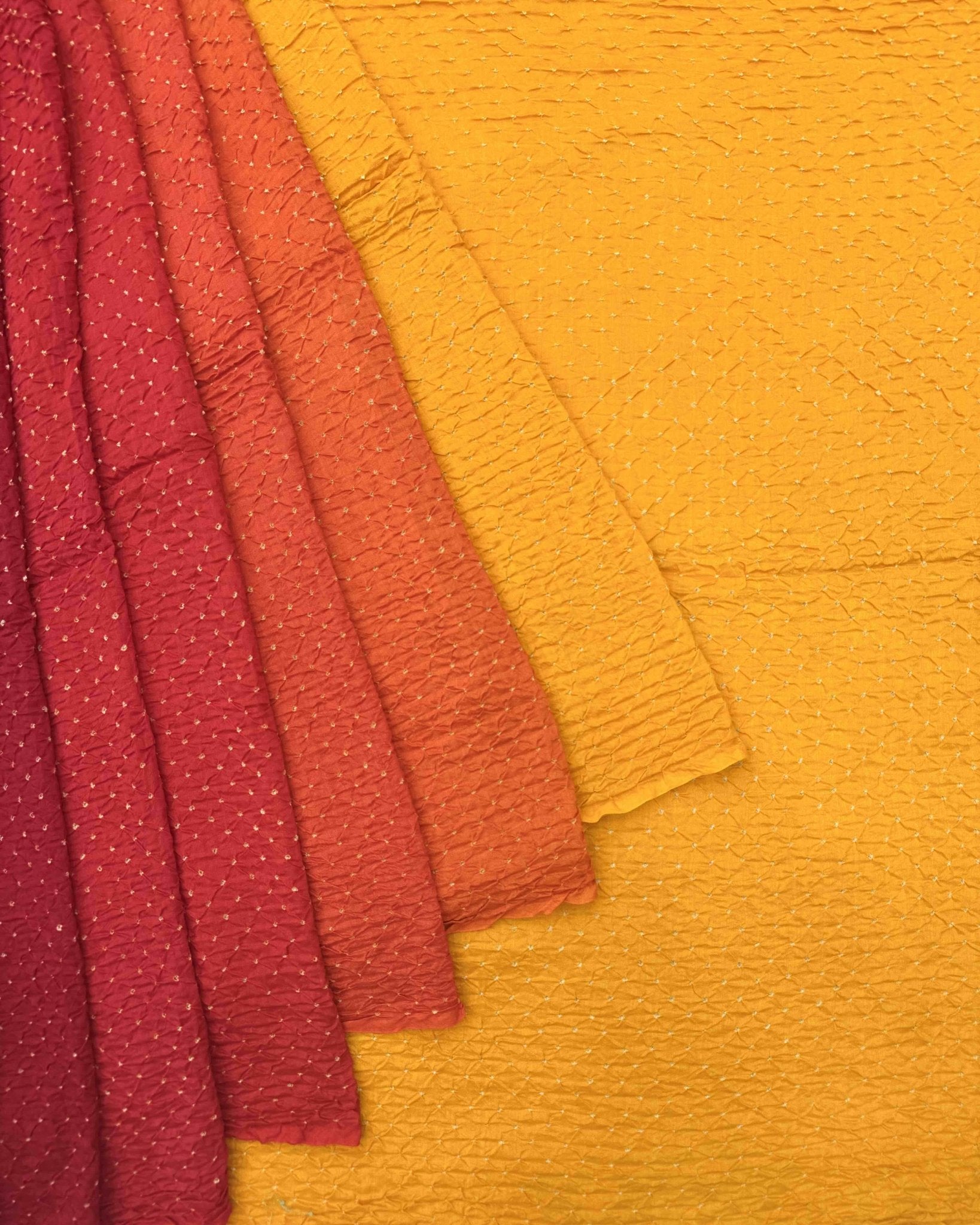 Yellow & Red Shaded Munga Silk Bandhani Saree - SindhoiPatolaArt
