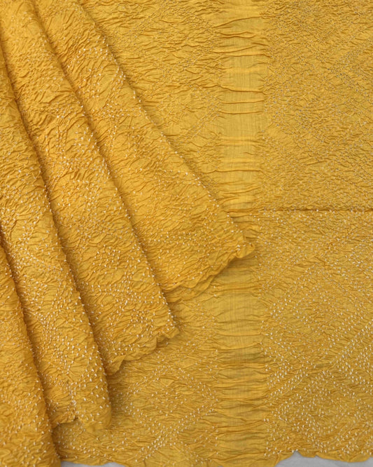 Yellow Tussar Silk Bandhani Saree - SindhoiPatolaArt