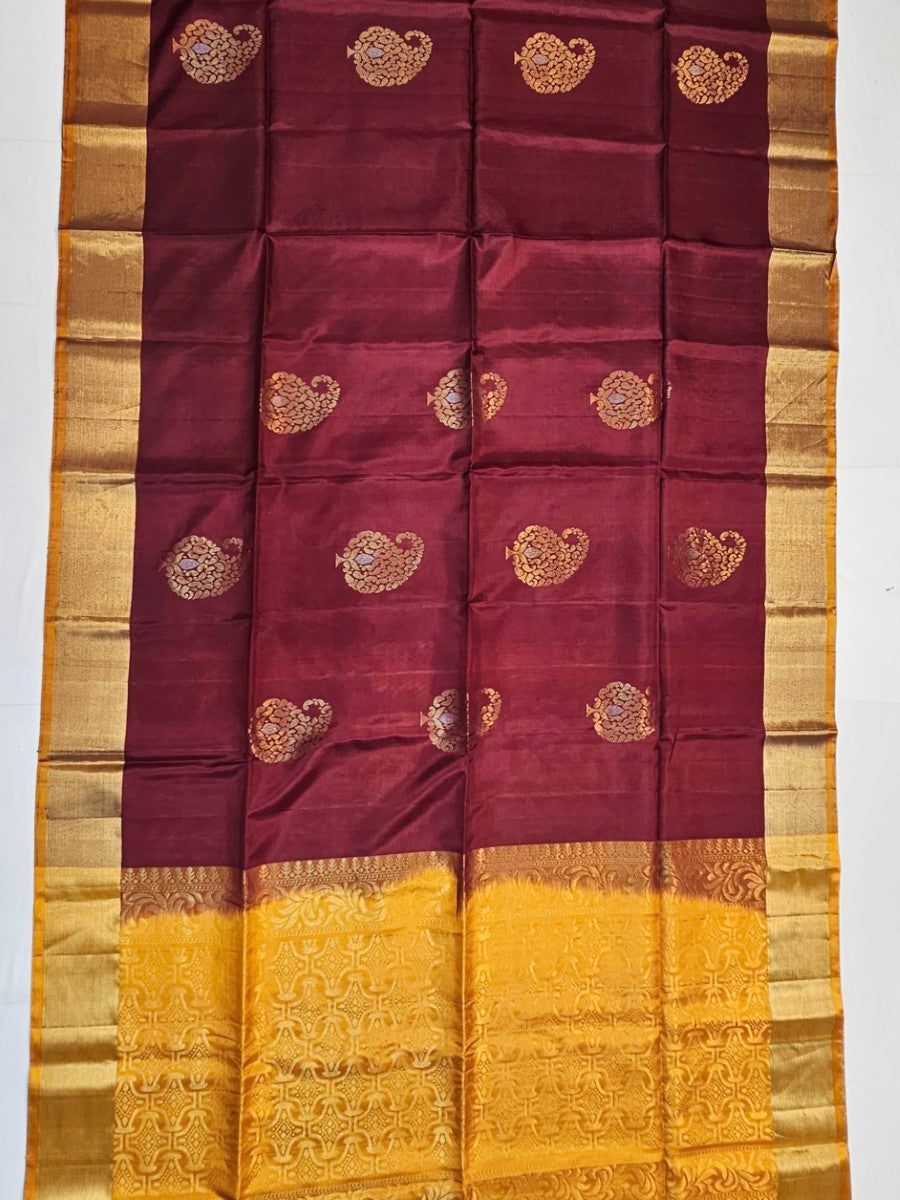Soft Silk Butta Maroon Color Saree With Brocade Blouse