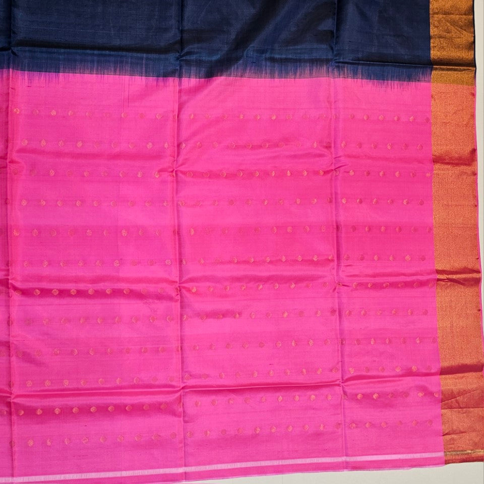 Soft Silk Butta Navy Blue Saree with Pink Pallu And Weaving Blouse
