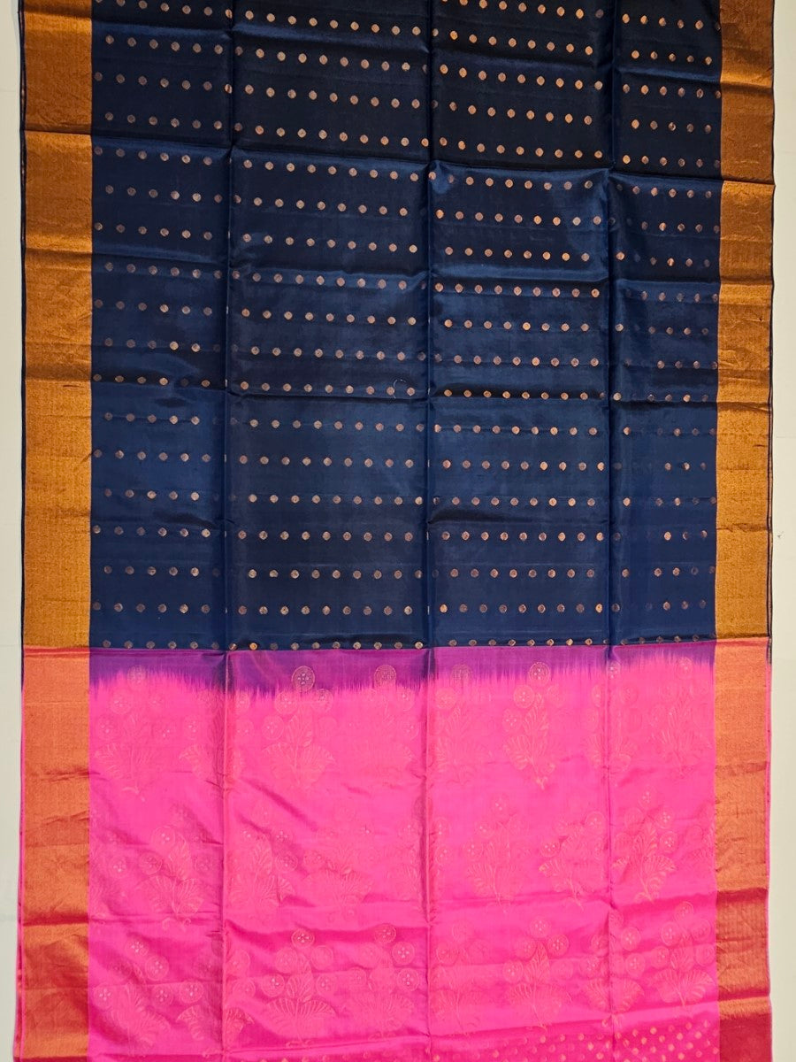 Soft Silk Butta Navy Blue Saree with Pink Pallu And Weaving Blouse