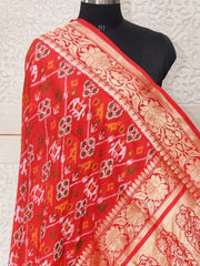 Red patola dupatta with laheriya design and banarasi border pallu - SindhoiPatolaArt