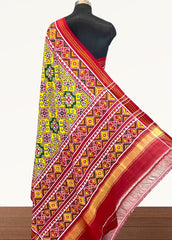 Yellow double ikat patola saree with navratna design - SindhoiPatolaArt