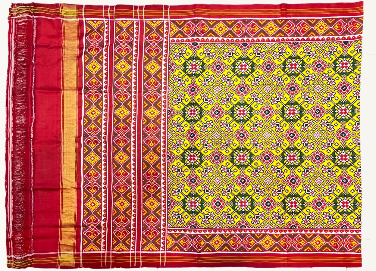 Yellow double ikat patola saree with navratna design - SindhoiPatolaArt