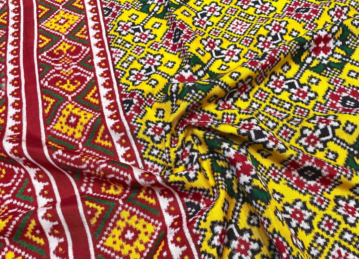 Yellow double ikat patola saree with navratna design - SindhoiPatolaArt