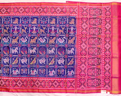 Navy blue narikunj design with pink pallu patola saree - SindhoiPatolaArt