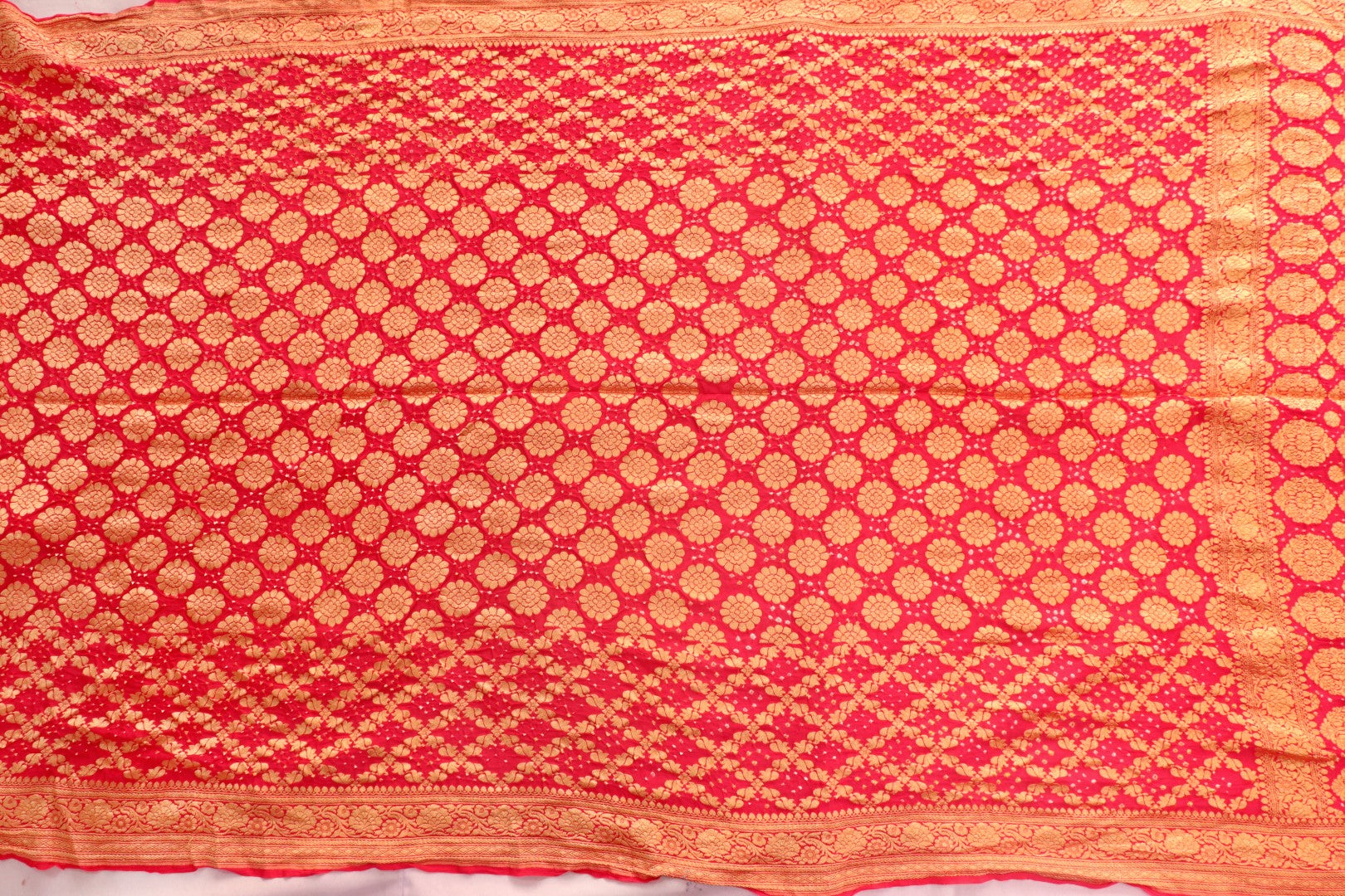 Peach red georgette bandhani saree - SindhoiPatolaArt