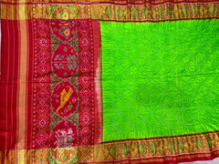 Red and parrot green patola with bandhej - SindhoiPatolaArt