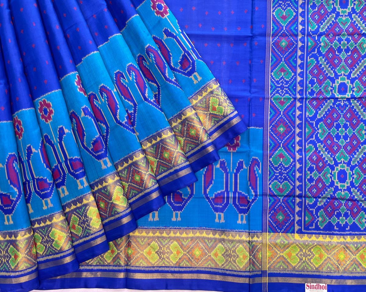 Blue Dot with Peacock Scut Border Designer Patola - SindhoiPatolaArt