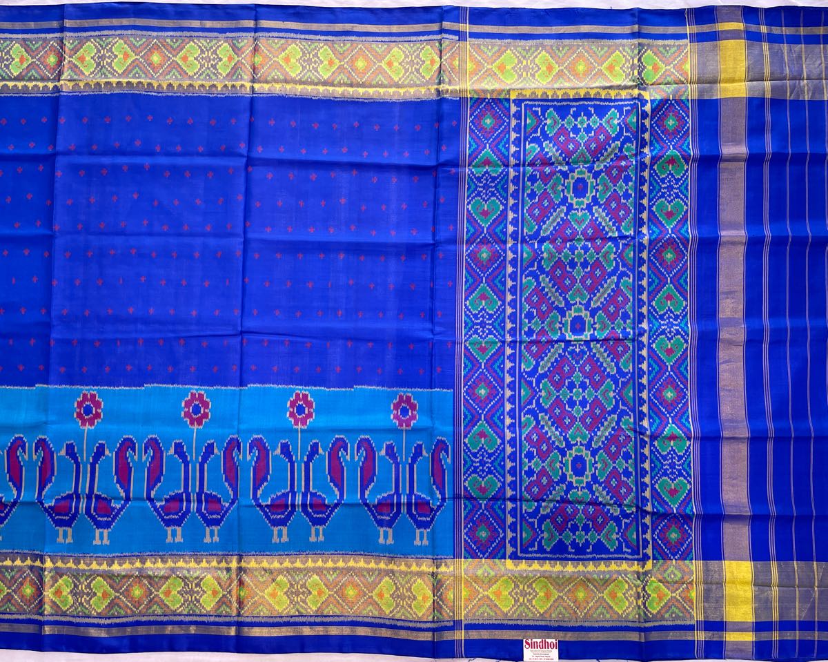 Blue Dot with Peacock Scut Border Designer Patola - SindhoiPatolaArt