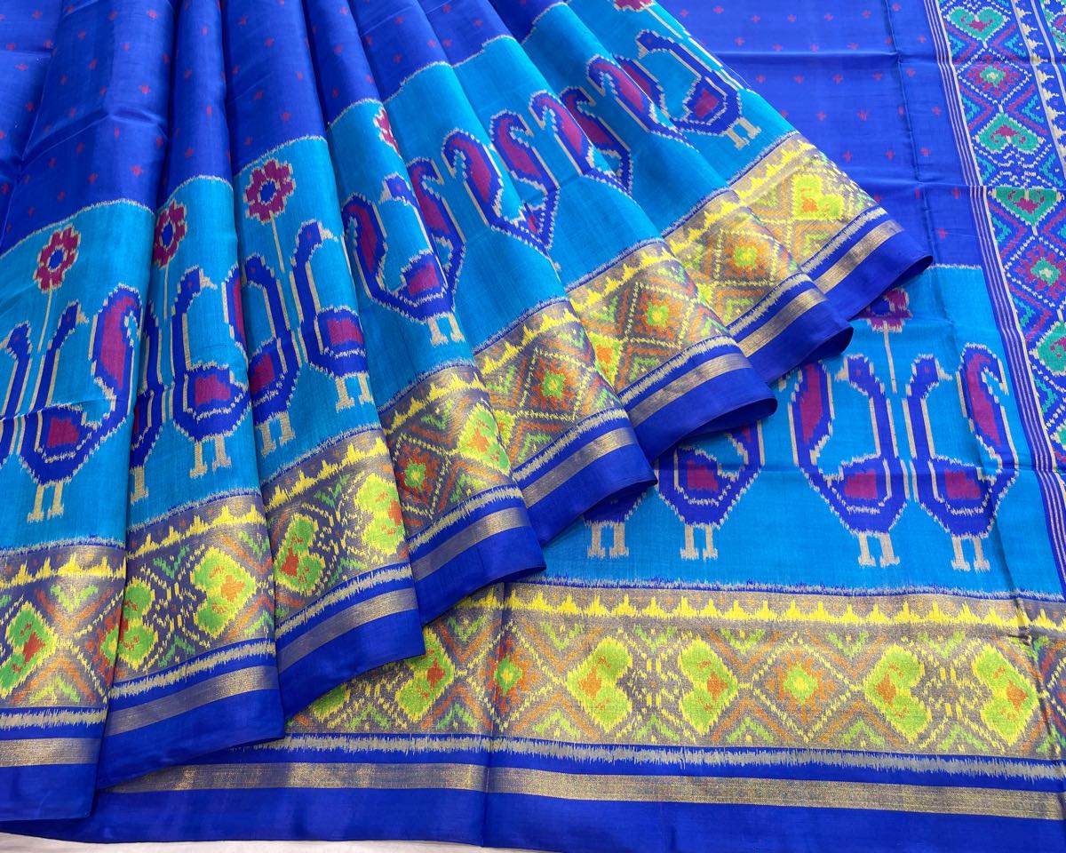 Blue Dot with Peacock Scut Border Designer Patola - SindhoiPatolaArt