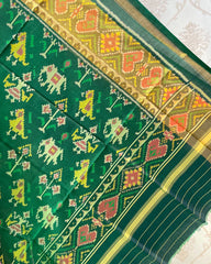 Green Patola Dupatta with traditional hathipopat design - SindhoiPatolaArt