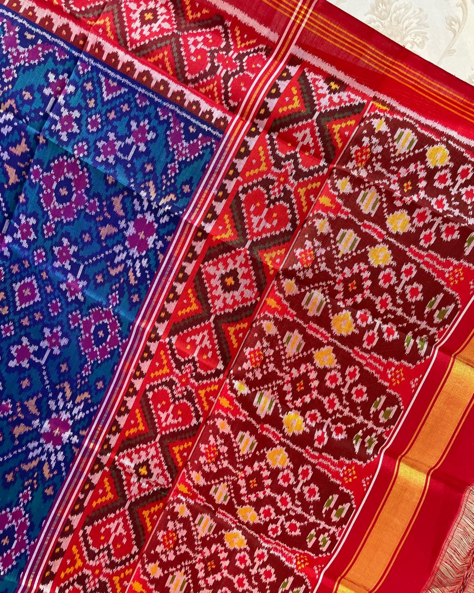 Red & Turquoise Navratan Patola Dupatta - SindhoiPatolaArt