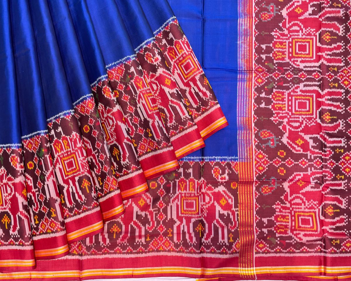 Red & Blue Plain With Elephant Scut Border Patola Saree - SindhoiPatolaArt