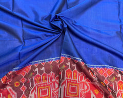 Red & Blue Plain With Elephant Scut Border Patola Saree - SindhoiPatolaArt