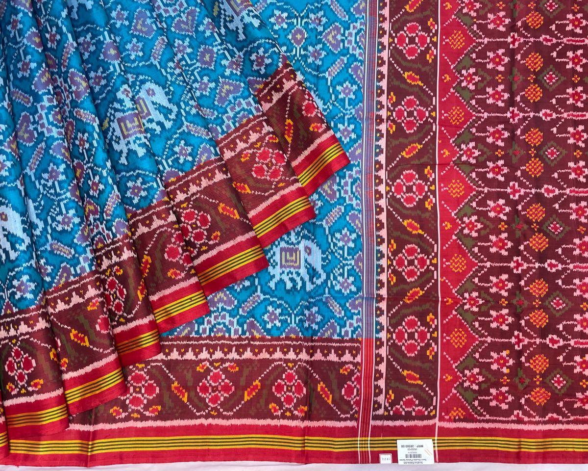 Red & Sky Blue Manekchowk Elephant Patola Saree - SindhoiPatolaArt
