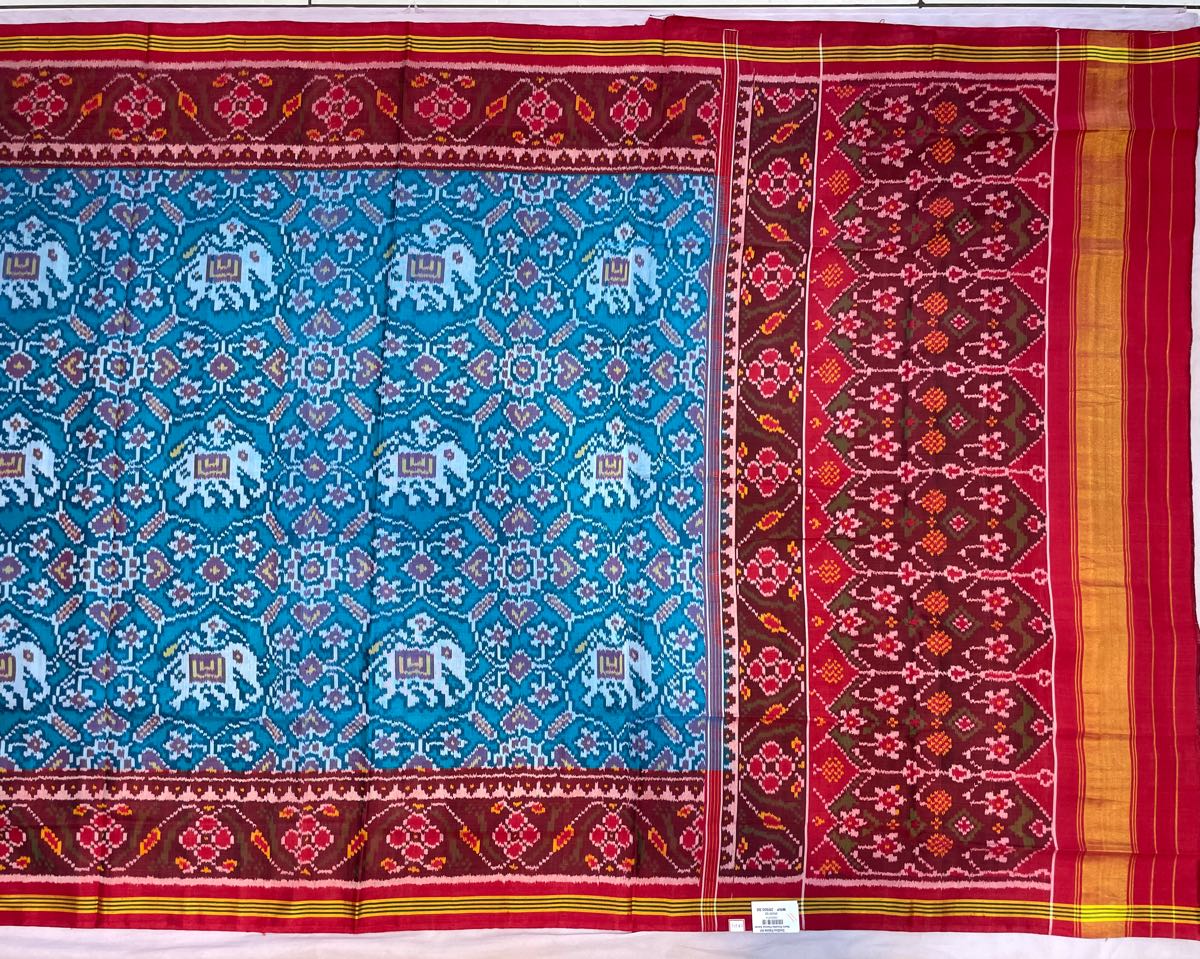 Red & Sky Blue Manekchowk Elephant Patola Saree - SindhoiPatolaArt