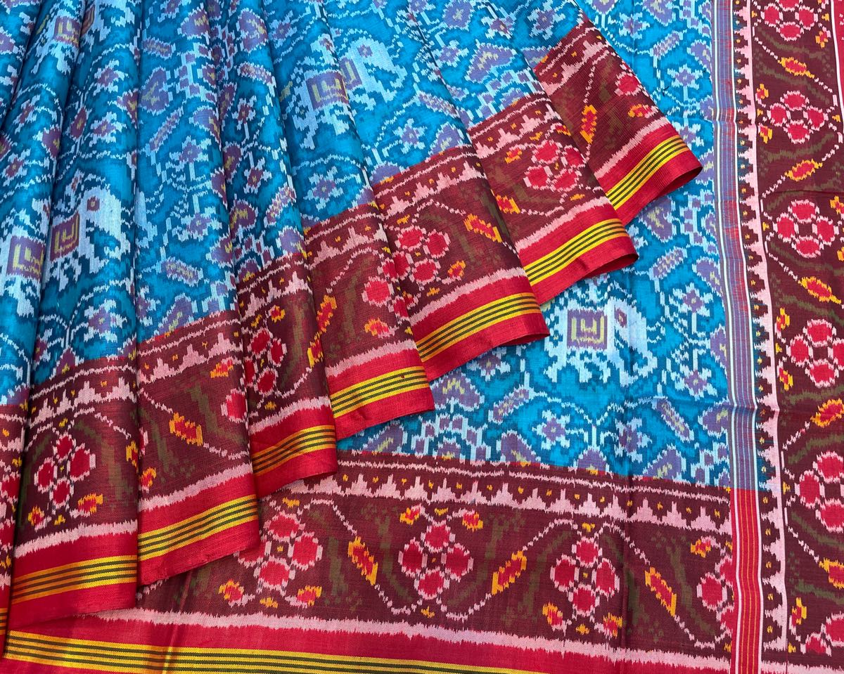 Red & Sky Blue Manekchowk Elephant Patola Saree - SindhoiPatolaArt