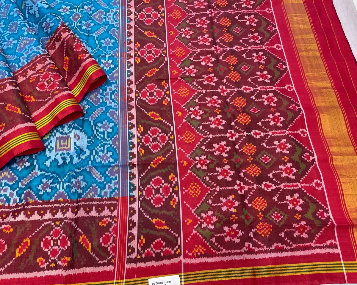 Red & Sky Blue Manekchowk Elephant Patola Saree - SindhoiPatolaArt