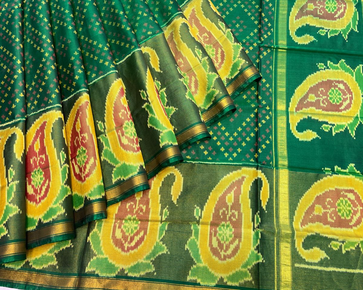 Green Dot With Mango Scut Border Patola Saree - SindhoiPatolaArt