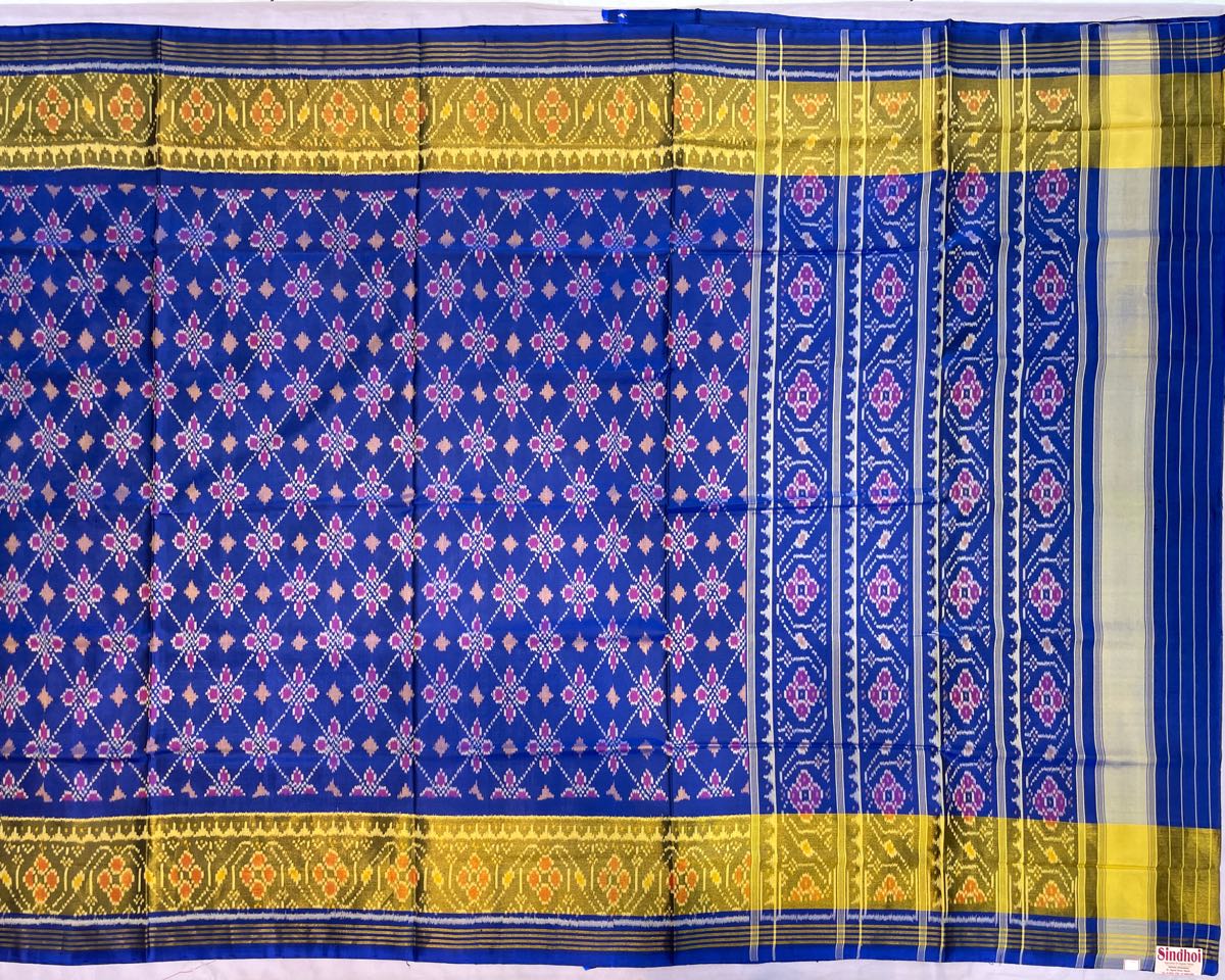 Blue Flower Designer Patola Saree - SindhoiPatolaArt