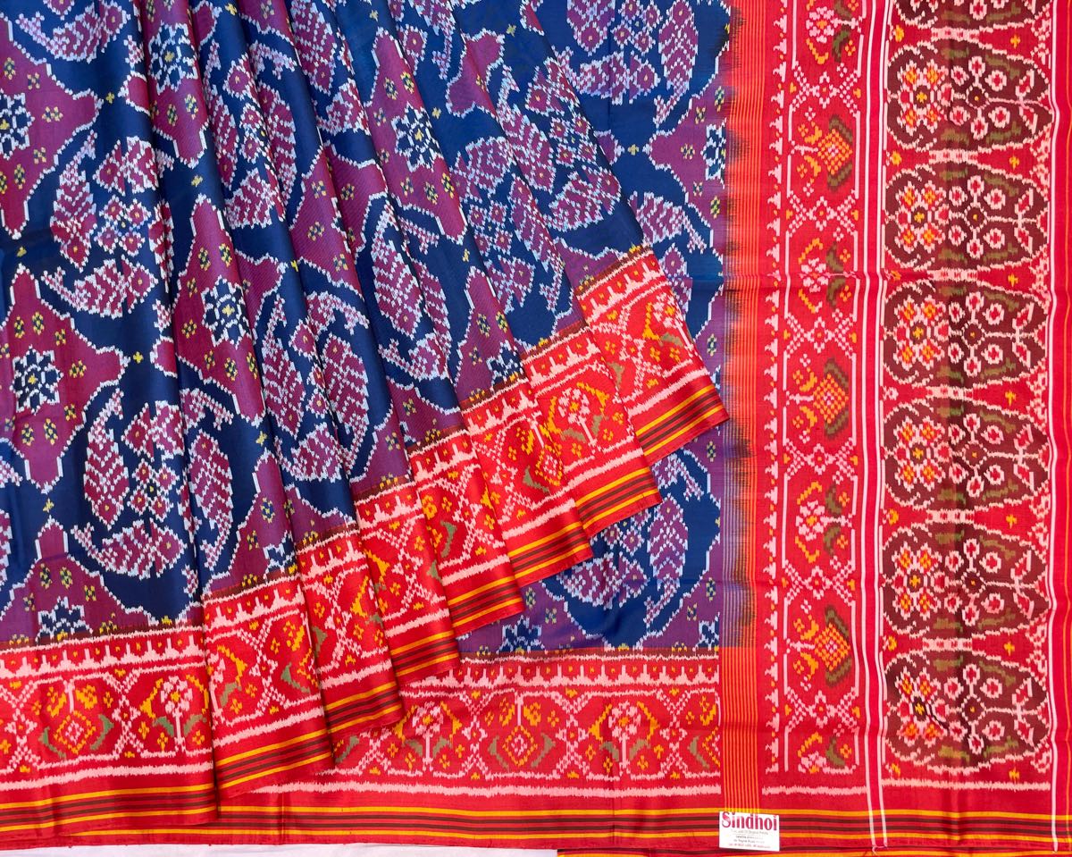 Red & Blue Fish Chhabdi Designer Patola Saree - SindhoiPatolaArt