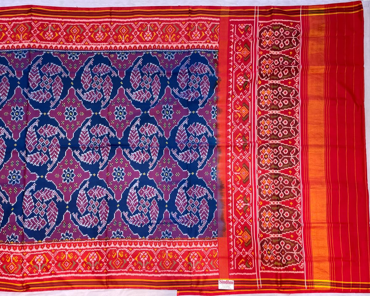 Red & Blue Fish Chhabdi Designer Patola Saree - SindhoiPatolaArt