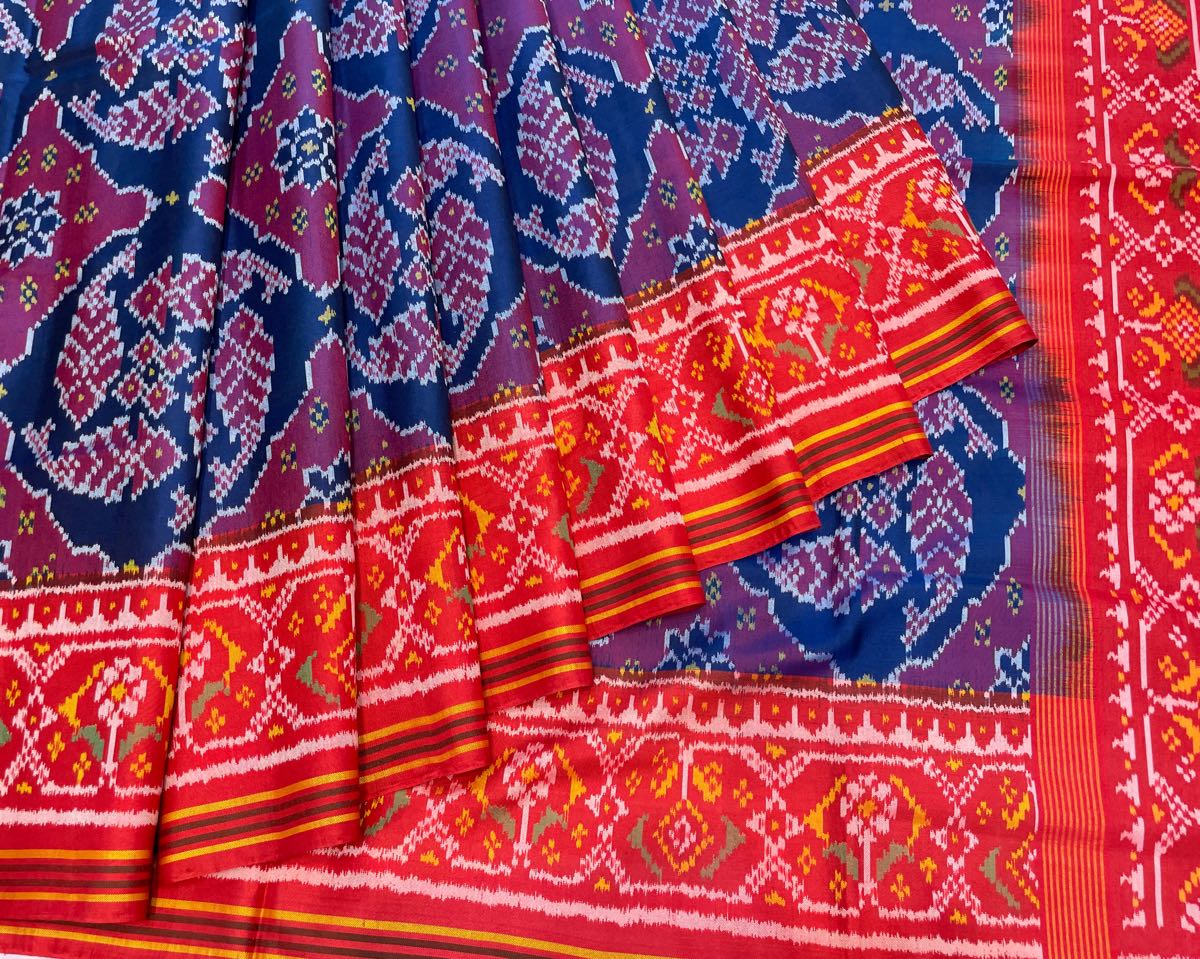 Red & Blue Fish Chhabdi Designer Patola Saree - SindhoiPatolaArt