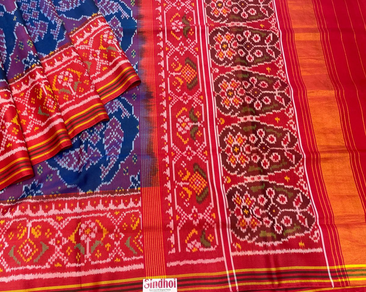 Red & Blue Fish Chhabdi Designer Patola Saree - SindhoiPatolaArt