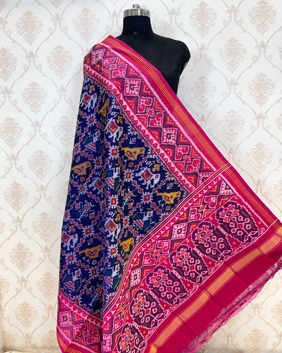 Pink & Blue Narikunj Designer Patola Dupatta - SindhoiPatolaArt