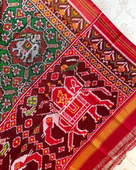 Red & Green Elephant Manekchowk Patola Dupatta - SindhoiPatolaArt