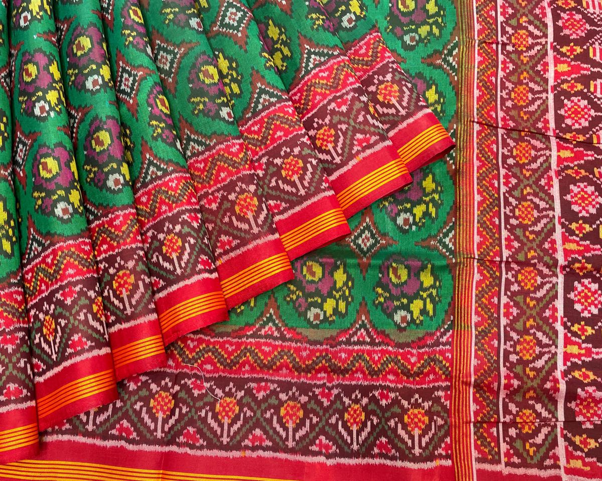 Red & Green Flower Designer Patola Saree - SindhoiPatolaArt