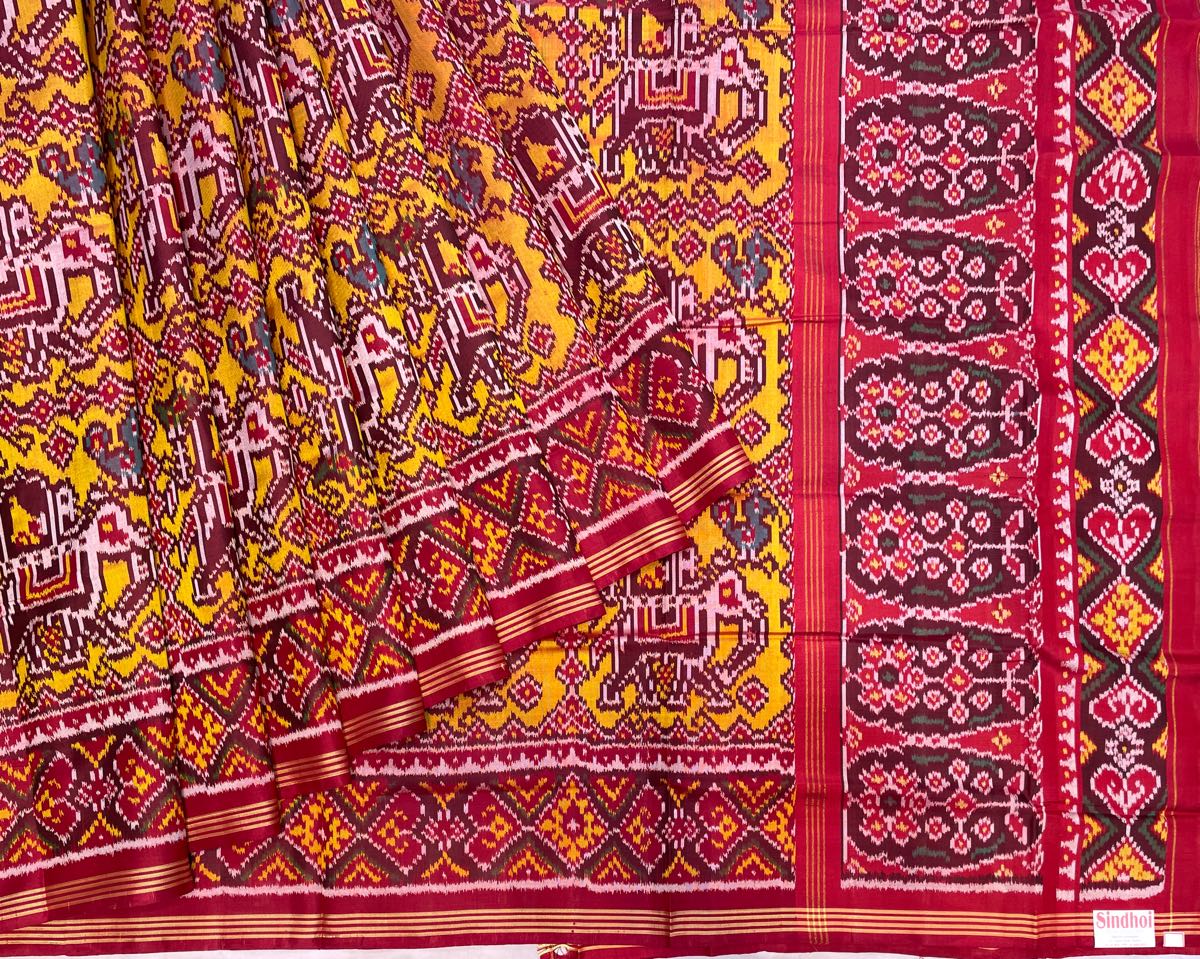 Red & Yellow Traditional Elephant Patola Saree - SindhoiPatolaArt