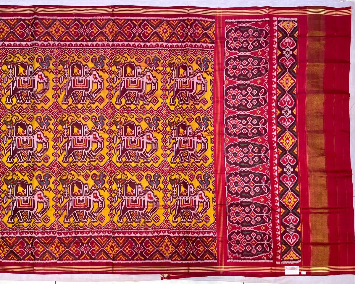 Red & Yellow Traditional Elephant Patola Saree - SindhoiPatolaArt