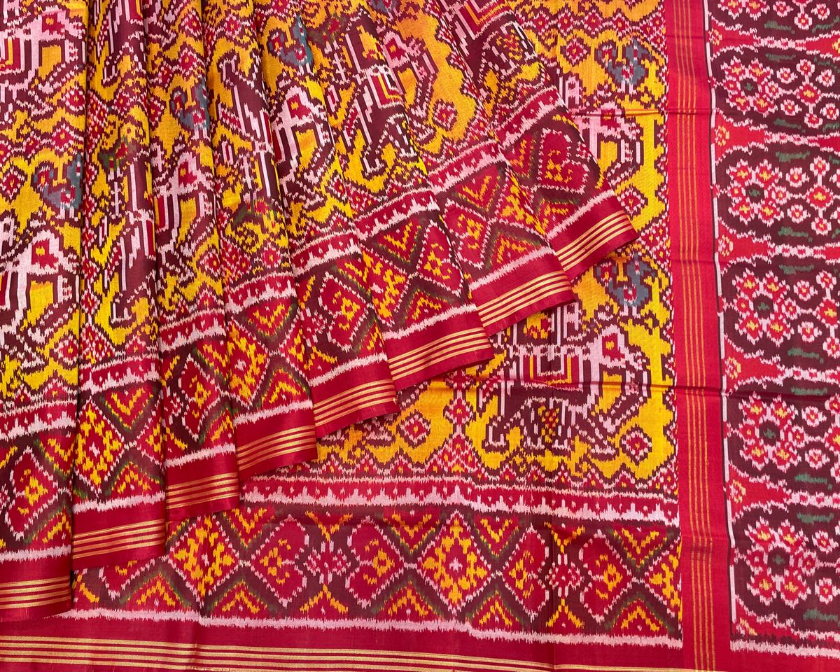 Red & Yellow Traditional Elephant Patola Saree - SindhoiPatolaArt