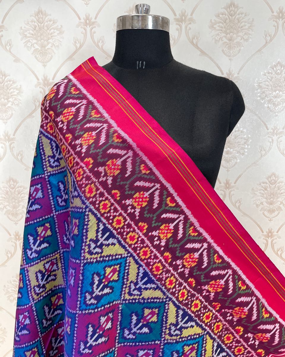 Pink & Multicolor Flower with Elephant In Pallu Patola Dupatta