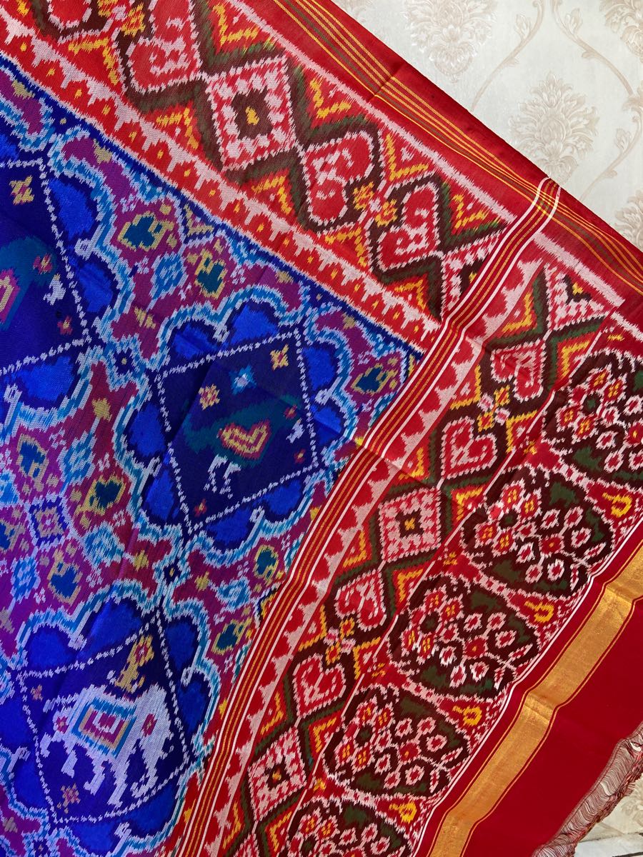 blue and red narikunj design patola dupatta - SindhoiPatolaArt