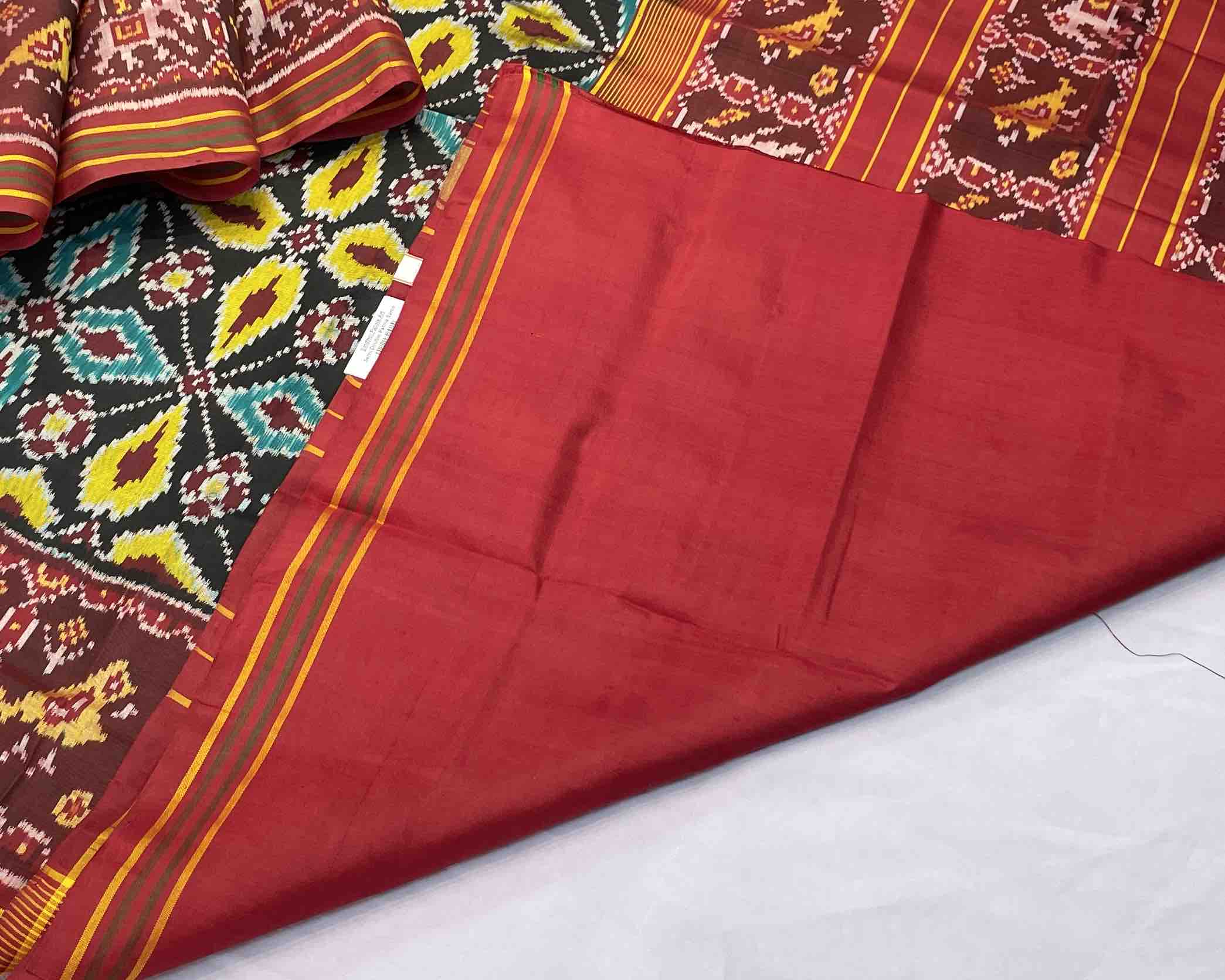 black new fancy design with traditional red narikunj pallu patola saree - SindhoiPatolaArt