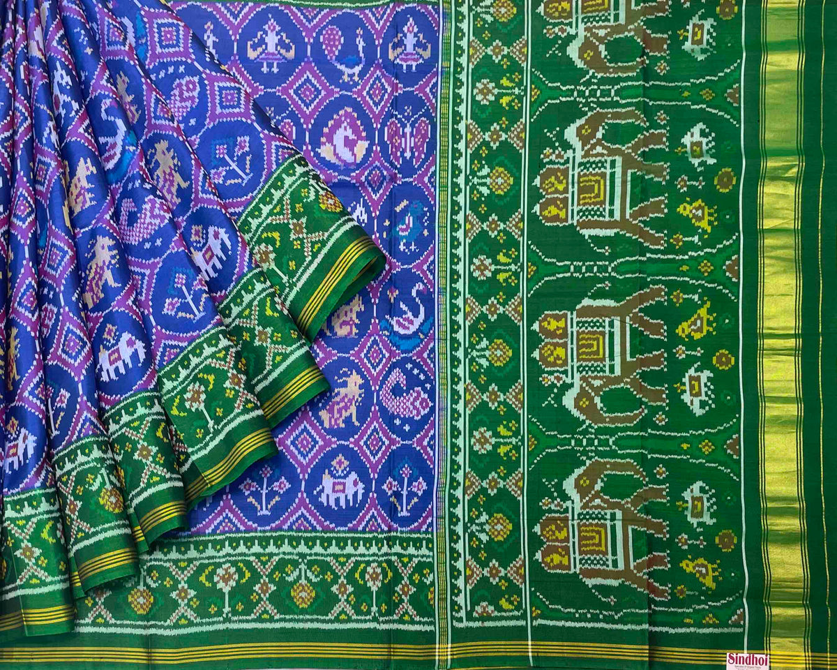blue samll chhabadi figure design with green pallu patola saree - SindhoiPatolaArt
