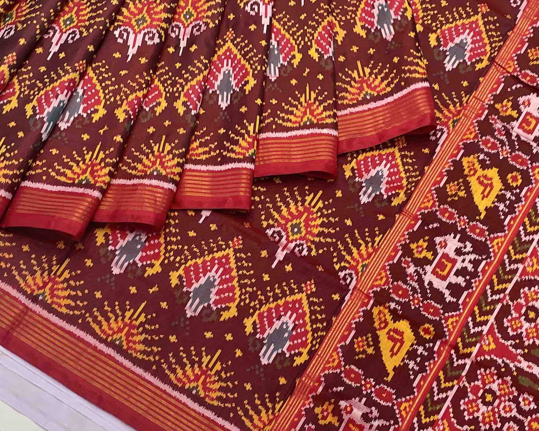 red maroon mew fancy design patola saree - SindhoiPatolaArt