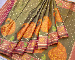 gray with orenge mango design,light pink pallu patola saree - SindhoiPatolaArt