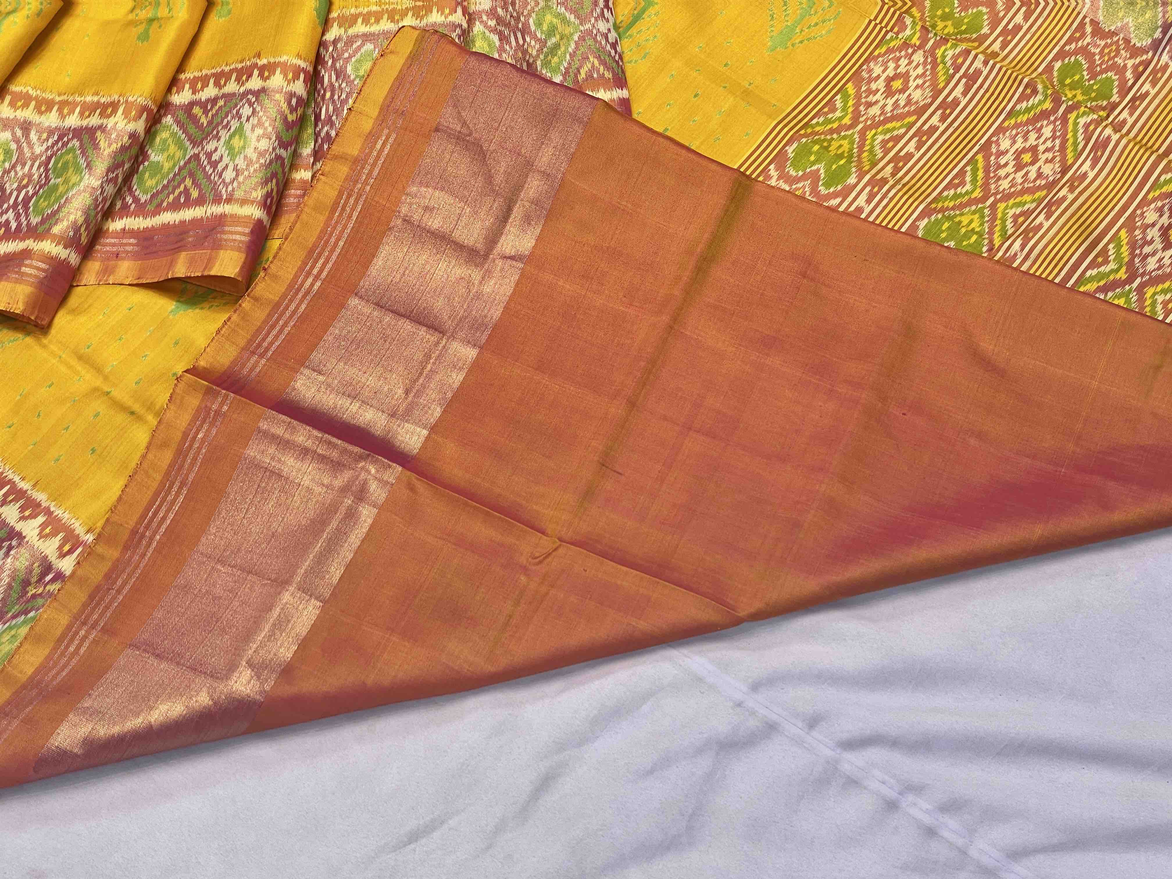 Yellow and peach pink new design patola saree - SindhoiPatolaArt