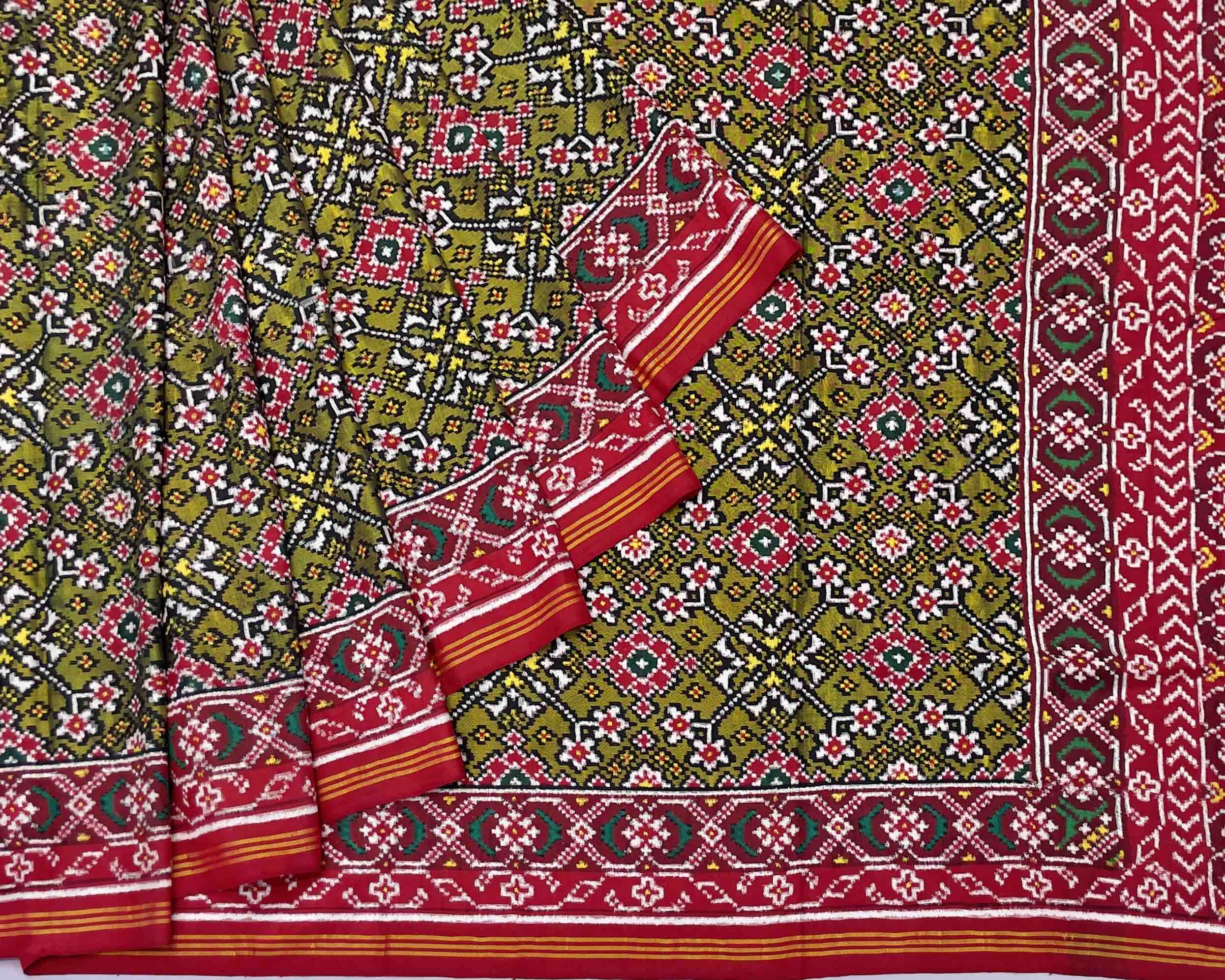 Olive Green Navratna patola Saree - SindhoiPatolaArt