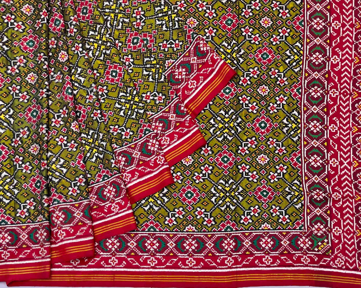 Olive Green Navratna patola Saree - SindhoiPatolaArt